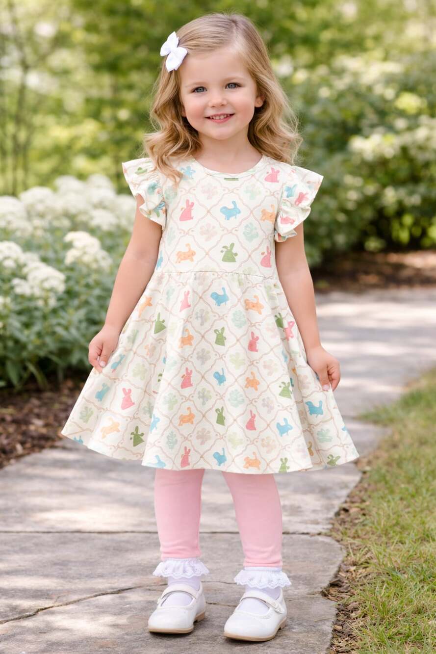 Easter Bunny Print Girls Flutter Sleeve Twirl Dress and leggings